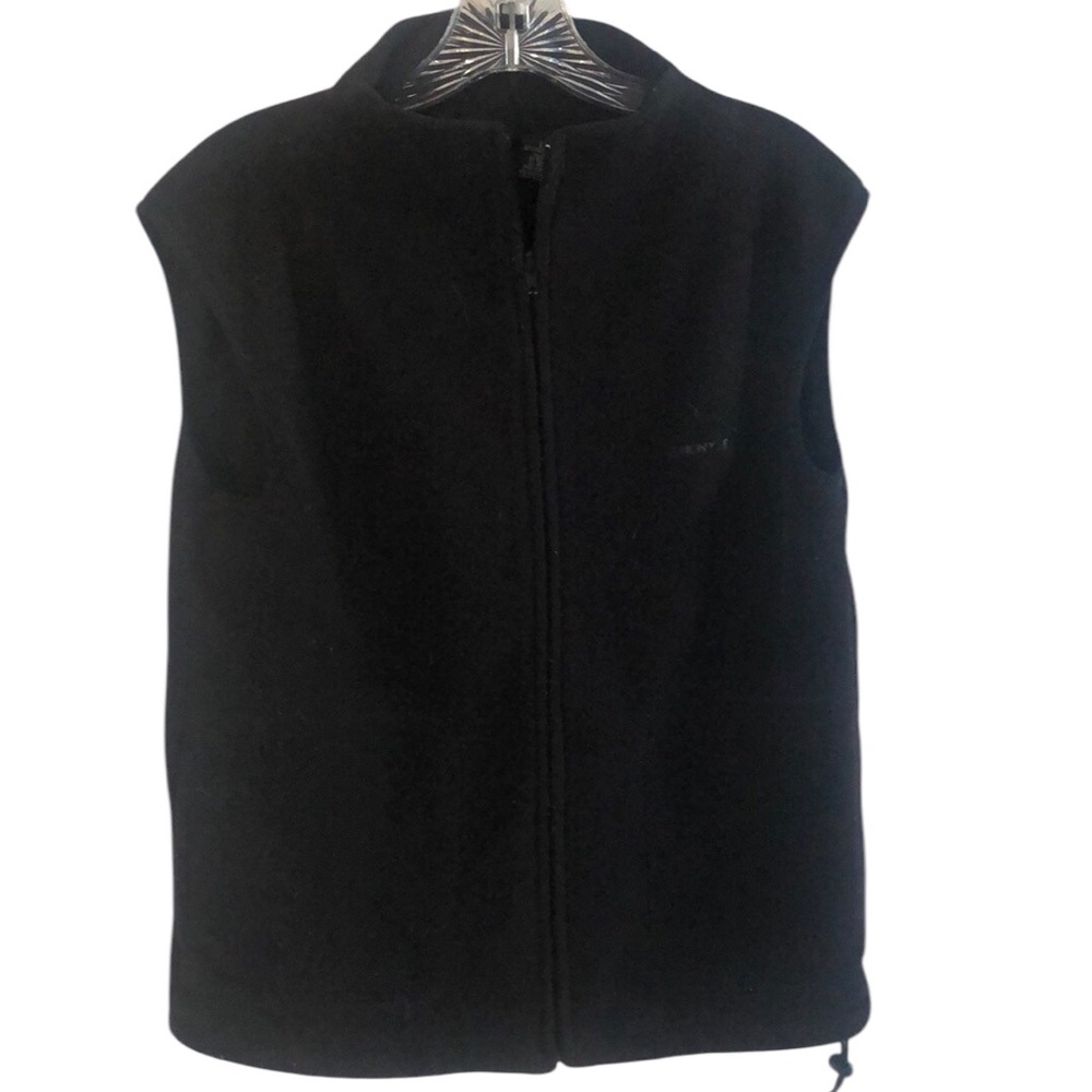 DKNY black polyester fleece vest. Zippered front. Drawstring bottom. Size L